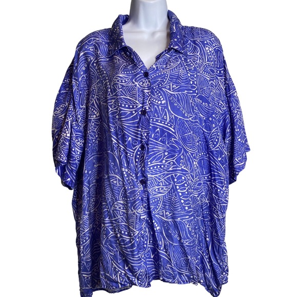 Bogari Women's Blue White Retro 80's Print 100% Silk Blouse Size 2X Flowy Roomy - Picture 1 of 11